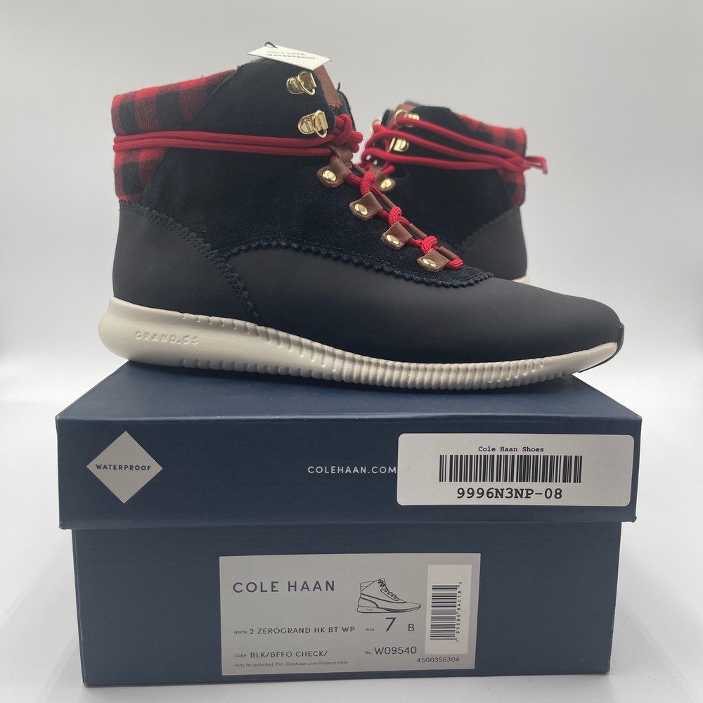 Cole Haan 2 ZeroGrand‎ Waterproof Hiker Boot Black Red Buffalo Check Women's